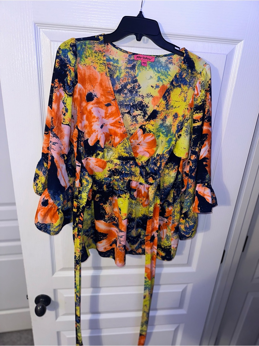 Betsey Johnson Floral Wrap Blouse in Orange & Yellow